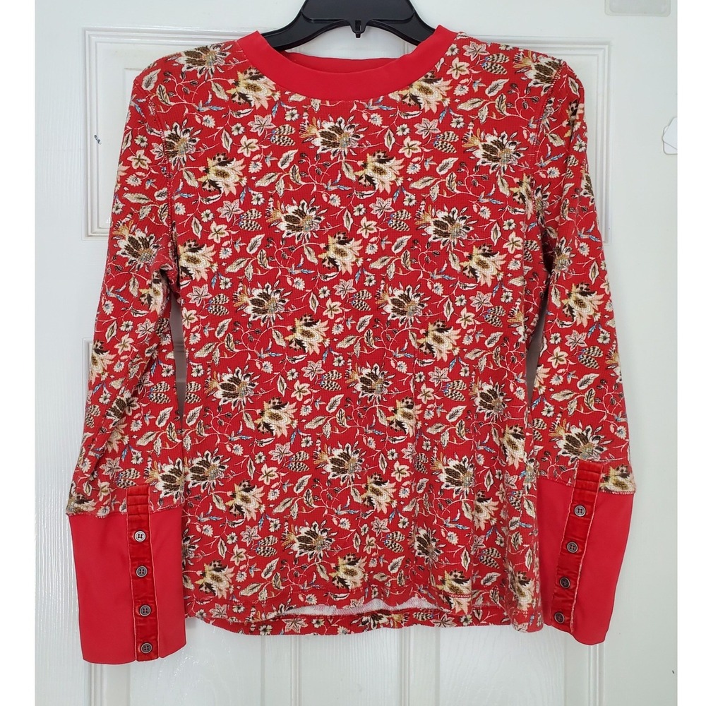 Sundance Thermal Top Red Floral Waffle Knit Button Cuff Long Sleeve Large 1383